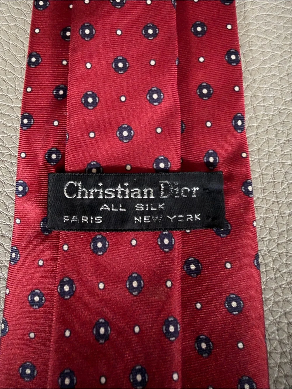 Christian Dior Burgundy Silk Tie with Navy and White Dot Motif
